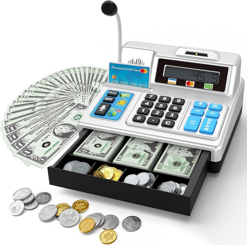 BAODLON Calculator Cash Register - 103 Pcs Toy Cash Register, Store Set with Microphone, Credit Card and Banking for Kids, Toddler Math Learning Toys, Preschool Gifts for 3, 4, 5, 6, 7, 8+ Years Old Boy Girl - Image 1